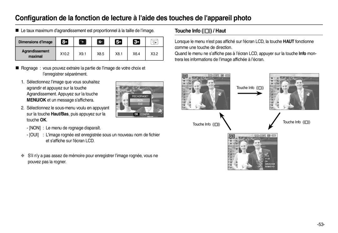 Samsung EC-L110ZBDA/E3, EC-L110ZPDA/E3 manual Touche Info  / Haut, MENU/OK et un message safﬁchera, X9.1, X8.1 X6.4 