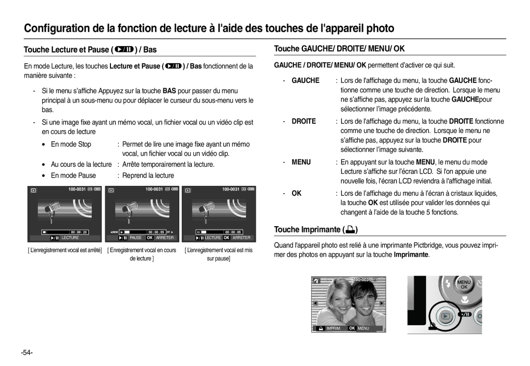 Samsung EC-L110ZBBA/FR manual Touche Lecture et Pause  / Bas, Touche GAUCHE/ DROITE/ MENU/ OK, Touche Imprimante  