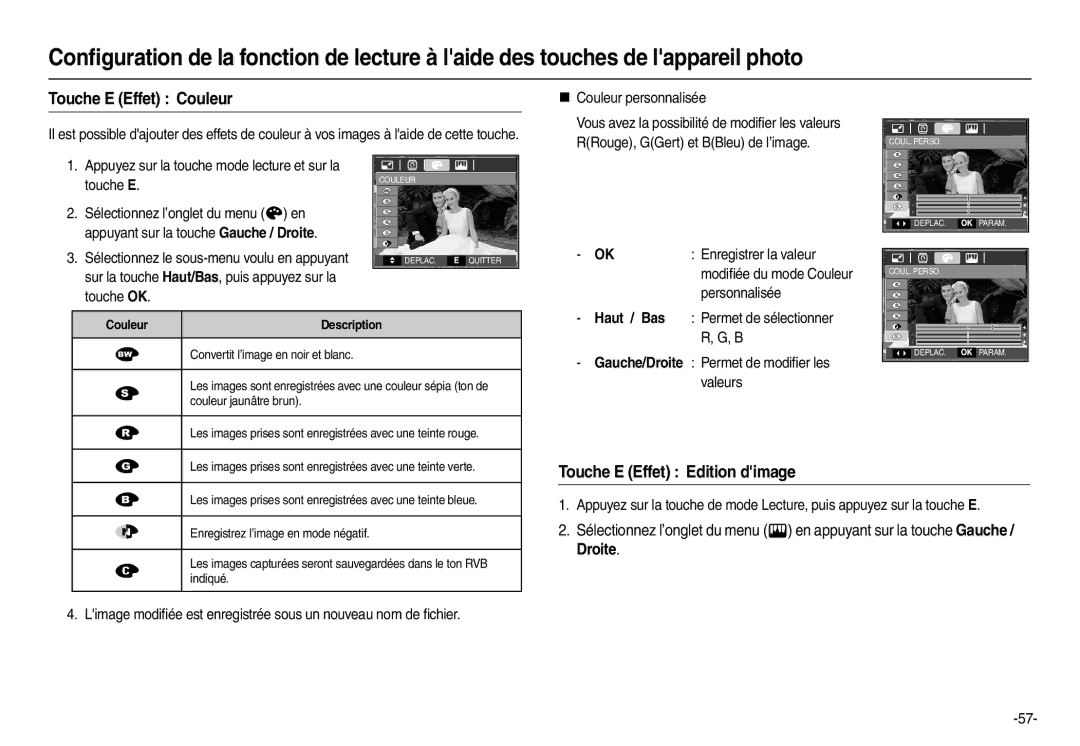 Samsung EC-L110S01KFR, EC-L110ZPDA/E3 manual Touche E Effet Edition dimage, Gauche/Droite Permet de modiﬁer les valeurs 