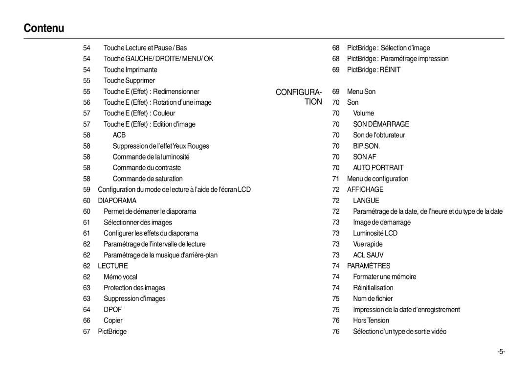 Samsung EC-L110R01KFR manual Diaporama, Lecture, Dpof, SON Démarrage, BIP SON SON AF Auto Portrait, Affichage Langue 