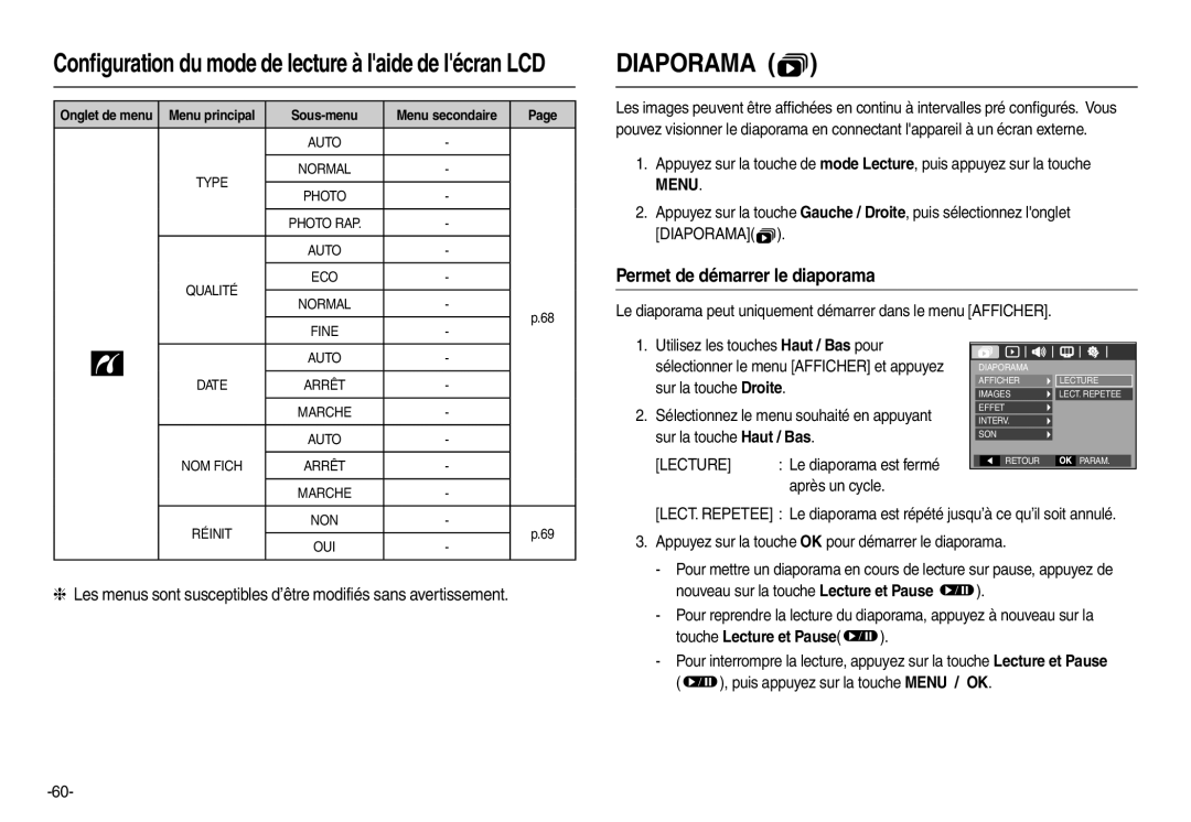 Samsung EC-L110ZRBA/FR manual Permet de démarrer le diaporama, Le diaporama peut uniquement démarrer dans le menu Afficher 