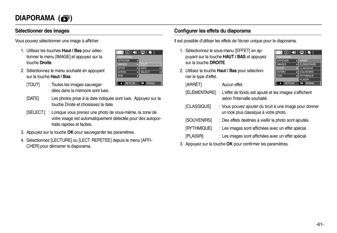 Samsung EC-L110ZBFA/FR, EC-L110ZPDA/E3, EC-L110ZSBA/FR manual Sélectionner des images Conﬁgurer les effets du diaporama 