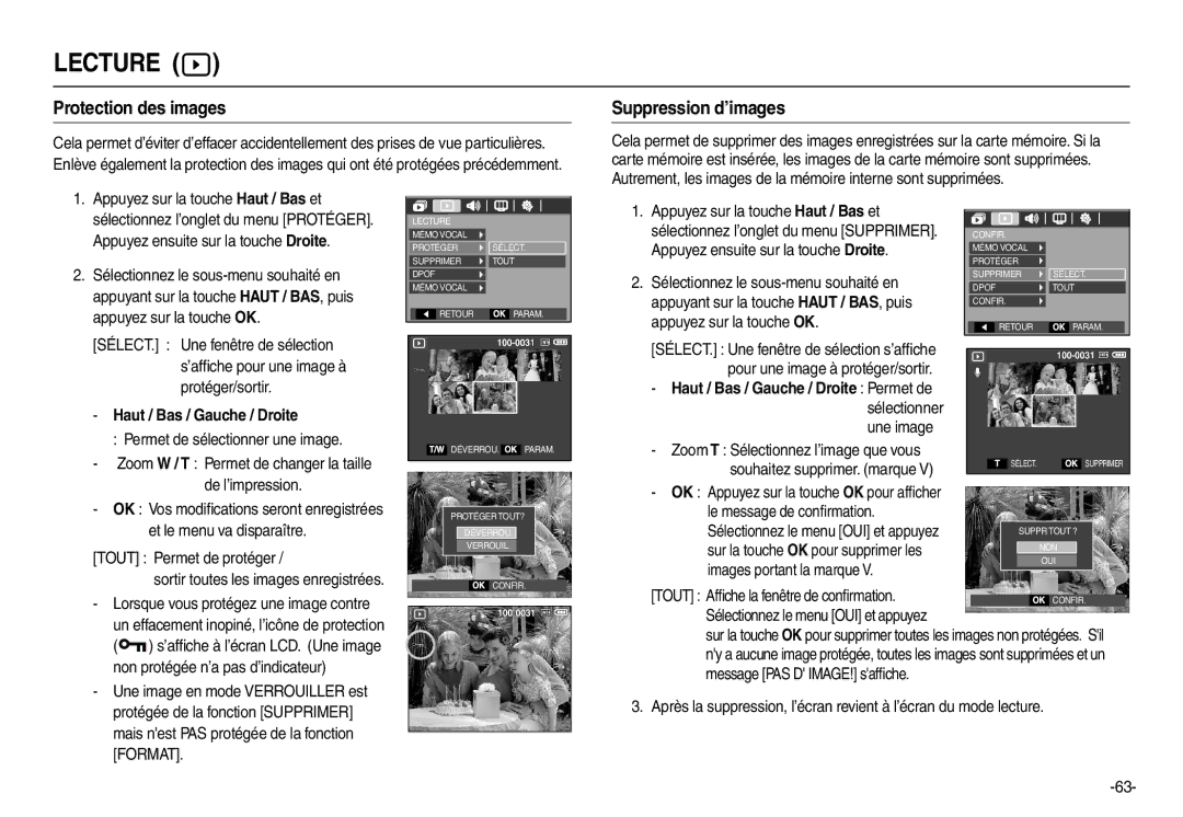 Samsung EC-L110ZSDA/E3, EC-L110ZPDA/E3 manual Protection des images, Suppression d’images, Haut / Bas / Gauche / Droite 