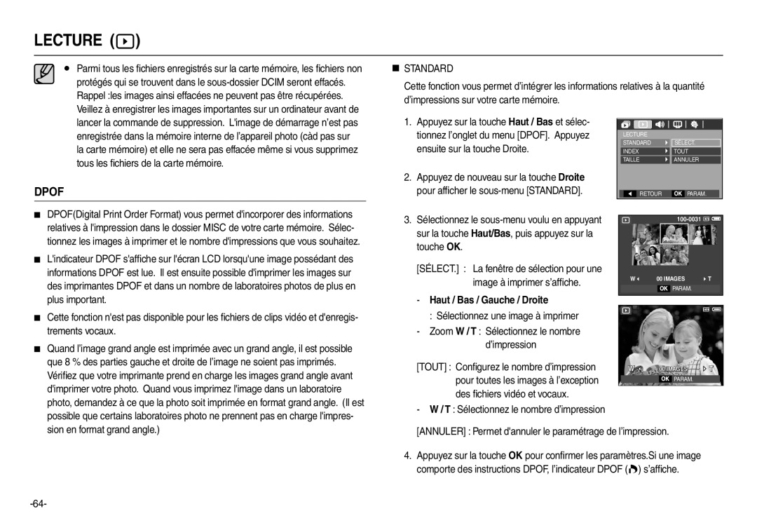 Samsung EC-L110ZPBA/FR „ Standard, Des ﬁchiers vidéo et vocaux, Annuler Permet dannuler le paramétrage de l’impression 