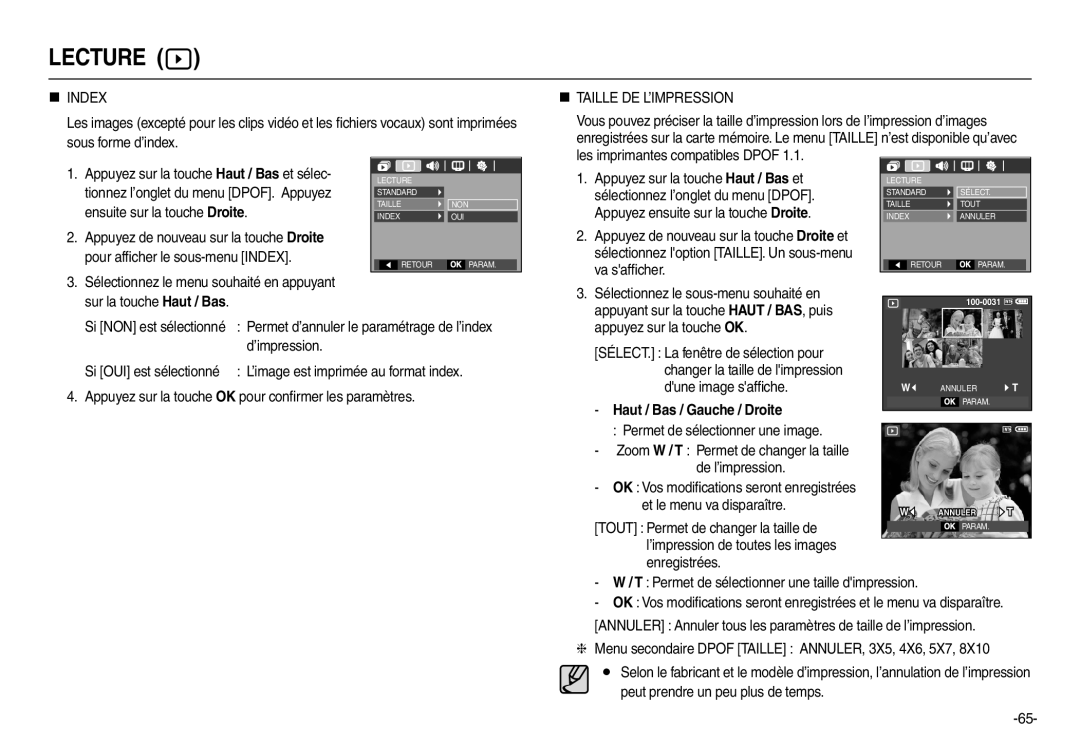 Samsung EC-L110ZPBA/E2, EC-L110ZPDA/E3 manual „ Index, „ Taille DE L’IMPRESSION, ’impression, Et le menu va disparaître 