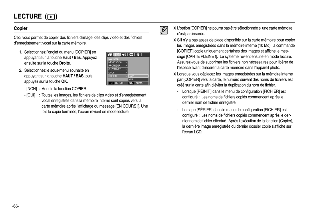 Samsung EC-L110U01KFR, EC-L110R01KFR Nest pas insérée, NON Annule la fonction Copier, Dernier nom de ﬁchier enregistré 