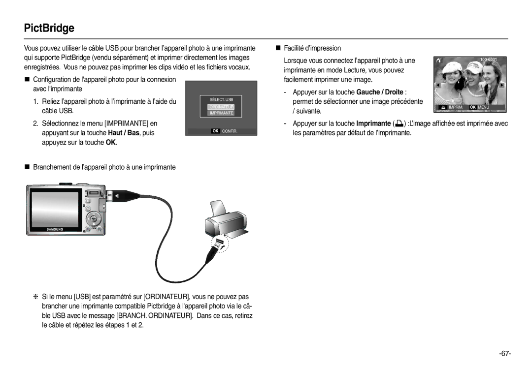 Samsung EC-L110ZPDA/E3 manual PictBridge, „ Facilité d’impression, Câble USB, Facilement imprimer une image, Suivante 