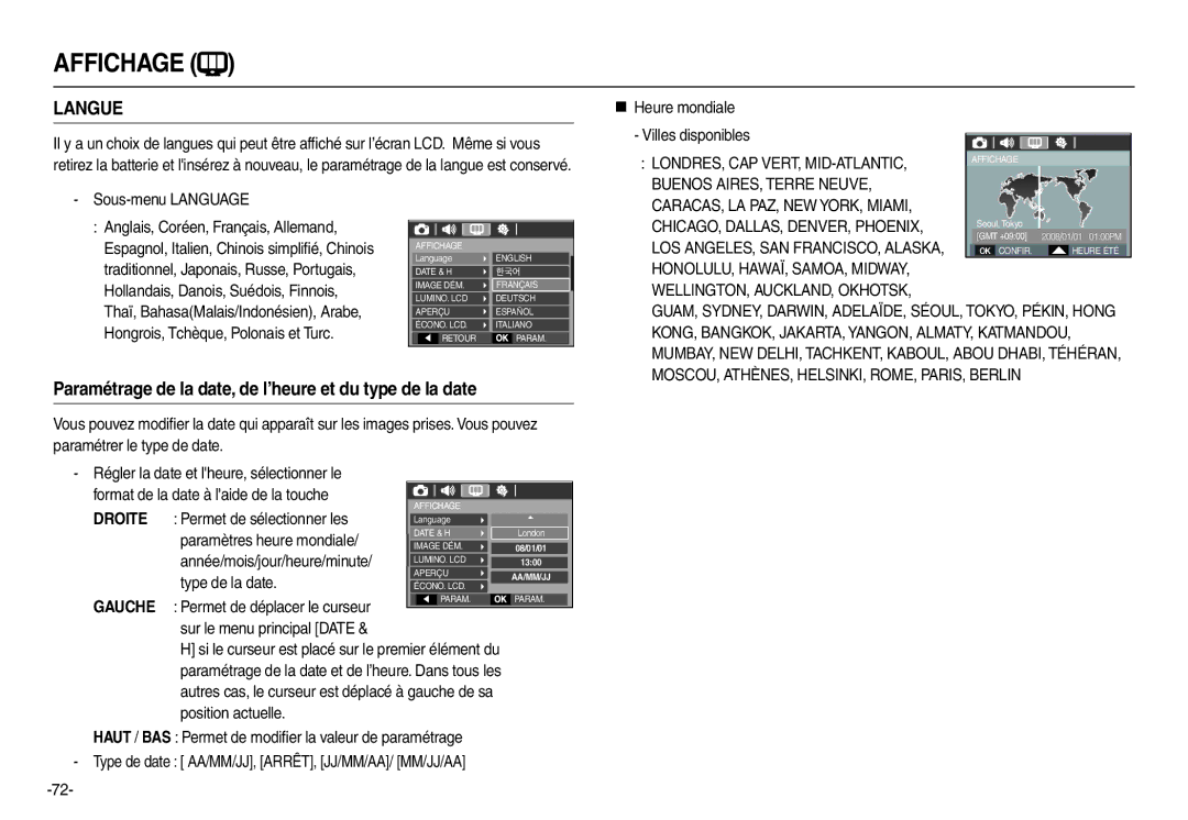 Samsung EC-L110ZRFA/FR manual Paramétrage de la date, de l’heure et du type de la date, „ Heure mondiale Villes disponibles 