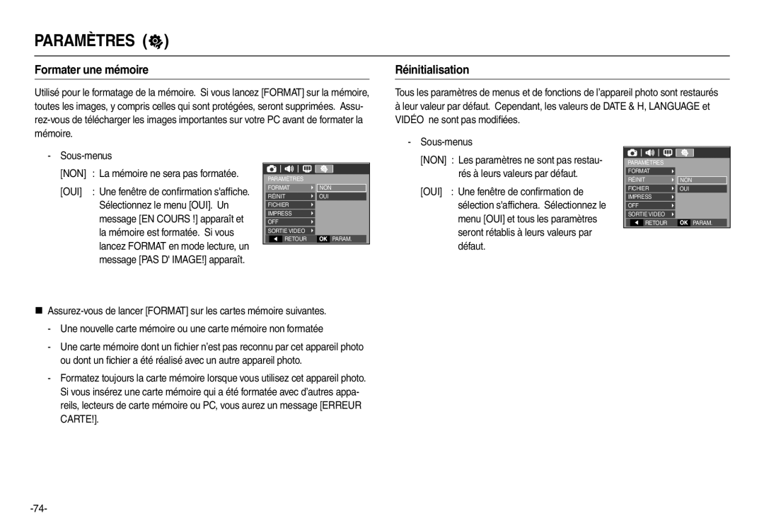 Samsung EC-L110S01KFR, EC-L110ZPDA/E3, EC-L110ZSBA/FR, EC-L110ZUDA/E3, EC-L110ZBDA/E3 Formater une mémoire, Réinitialisation 