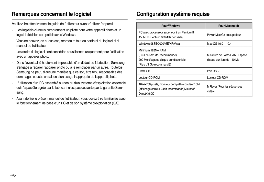 Samsung EC-L110ZBFA/FR manual Remarques concernant le logiciel, Conﬁguration système requise, Pour Windows Pour Macintosh 