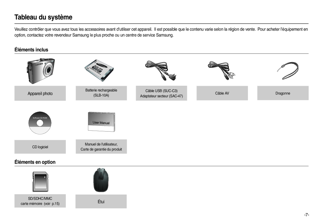 Samsung EC-L110ZSFA/FR, EC-L110ZPDA/E3 manual Tableau du système, Éléments inclus, Éléments en option, Appareil photo, Étui 