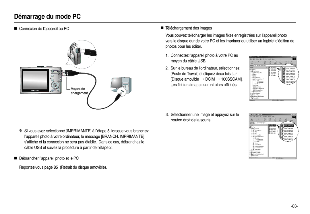 Samsung EC-L110U01KFR, EC-L110ZPDA/E3, EC-L110ZSBA/FR, EC-L110ZUDA/E3, EC-L110ZBDA/E3 manual „ Connexion de l’appareil au PC 