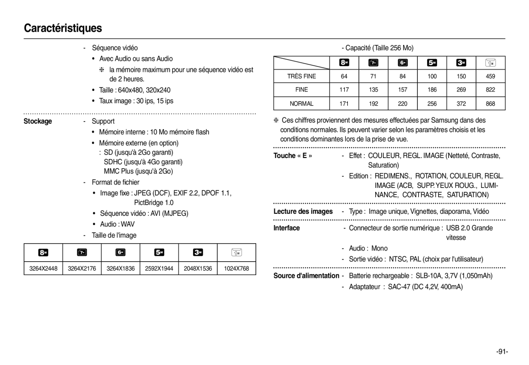 Samsung EC-L110S01KFR, EC-L110ZPDA/E3, EC-L110ZSBA/FR manual Stockage, Touche « E », NANCE, CONTRASTE, Saturation, Interface 