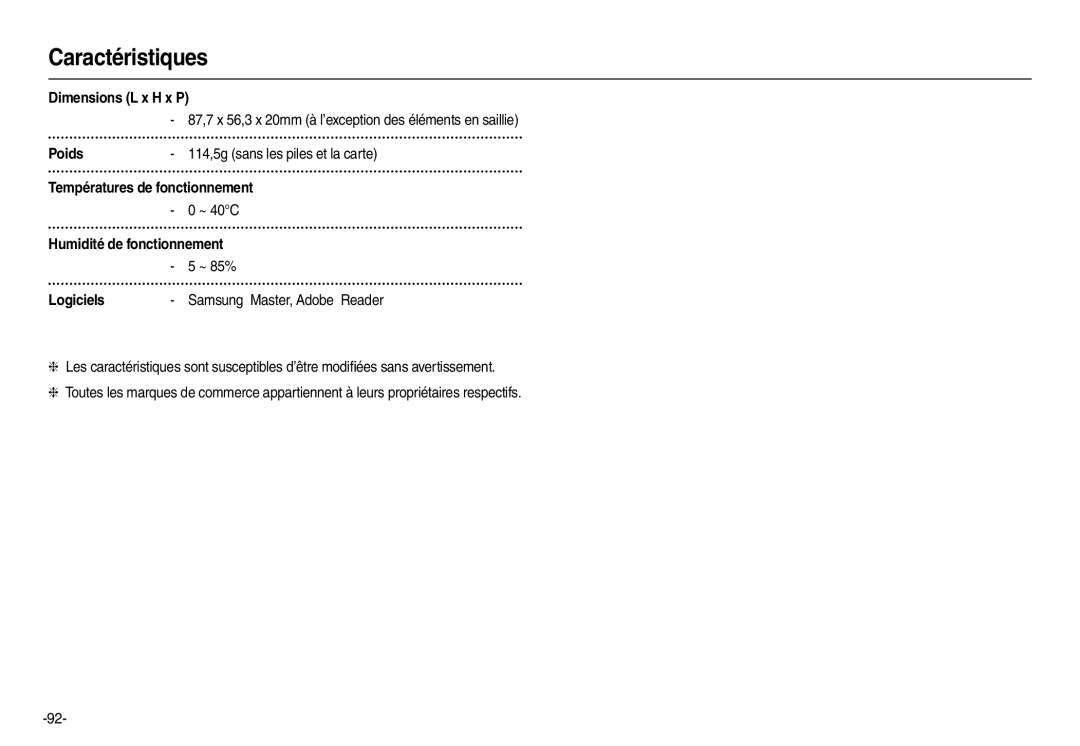 Samsung EC-L110ZSFA/FR Dimensions L x H x P, Poids, Températures de fonctionnement, Humidité de fonctionnement, Logiciels 