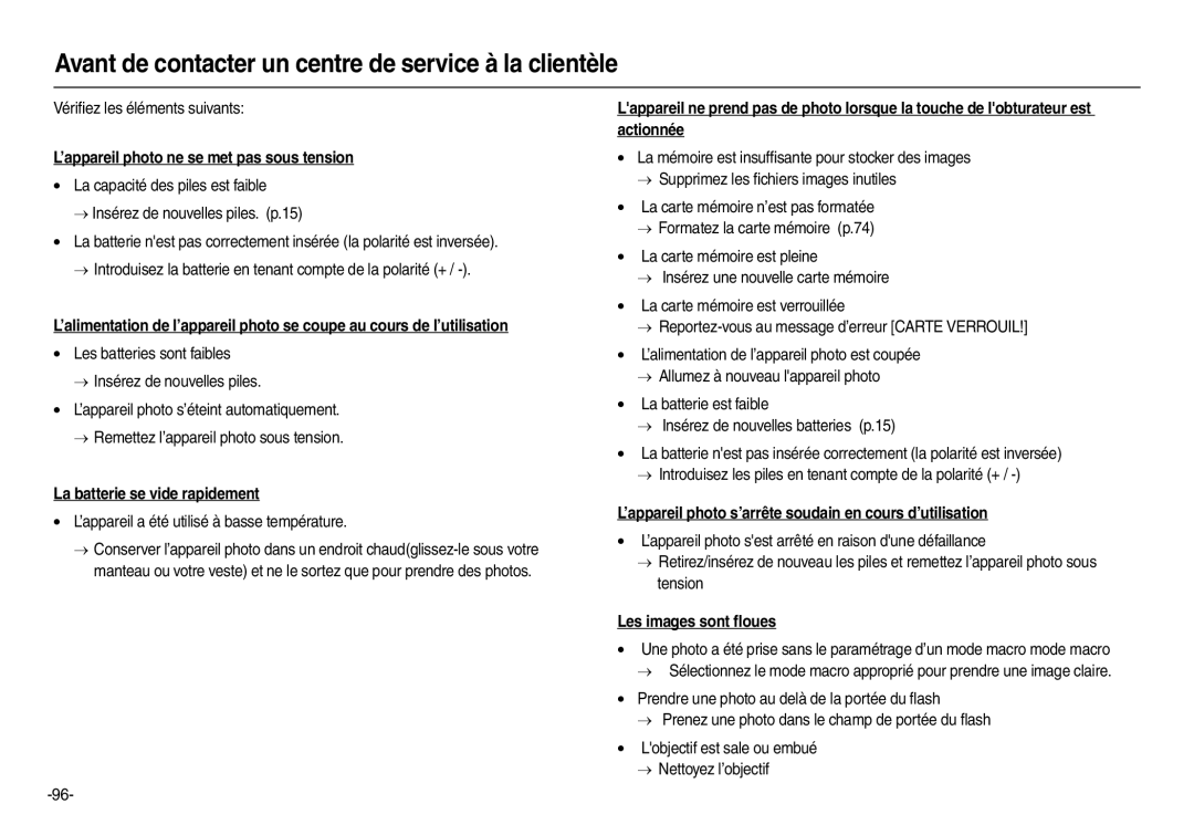 Samsung EC-L110ZUBA/FR Avant de contacter un centre de service à la clientèle, ’appareil photo ne se met pas sous tension 