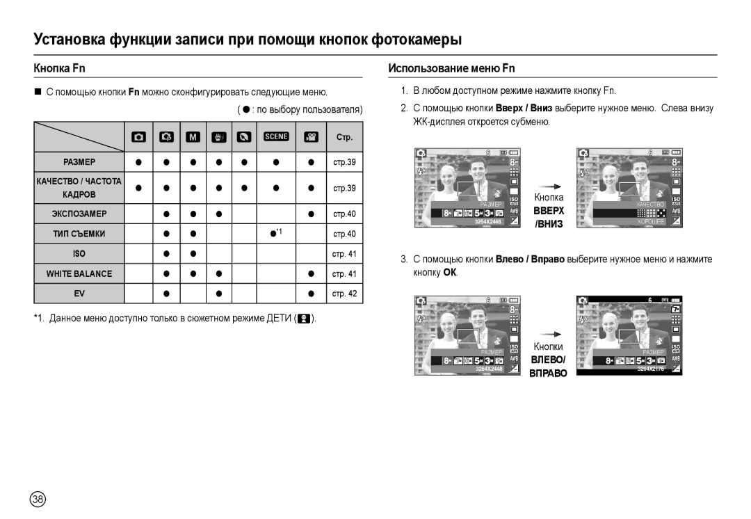 Samsung EC-L110ZPBA/TR manual Кнɨпкɚ Fn, Иɫпɨльɡɨвɚниɟ мɟню Fn, Ⱦɚɧɧɨɟ ɦɟɧɸ ɞɨɫɬɭɩɧɨ ɬɨɥɶɤɨ ɜ ɫɸɠɟɬɧɨɦ ɪɟɠɢɦɟ ȾȿɌɂ  