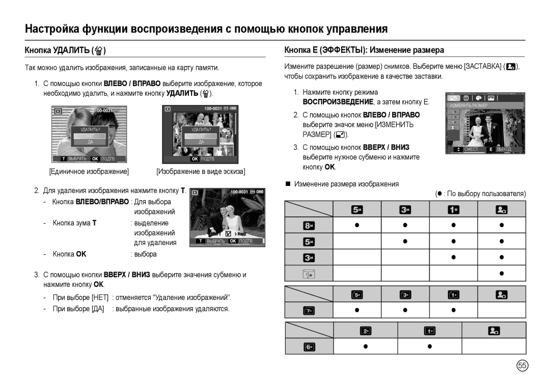 Samsung EC-L110ZUDA/HK, EC-L110ZPDA/E3 manual Кнɨпкɚ Удⱥлиɍь , Кнɨпкɚ ȿ ЭФФȿКɌЫ Иɡмɟнɟниɟ ɪɚɡмɟɪɚ, Ȿɞɢɧɢɱɧɨɟ ɢɡɨɛɪɚɠɟɧɢɟ 