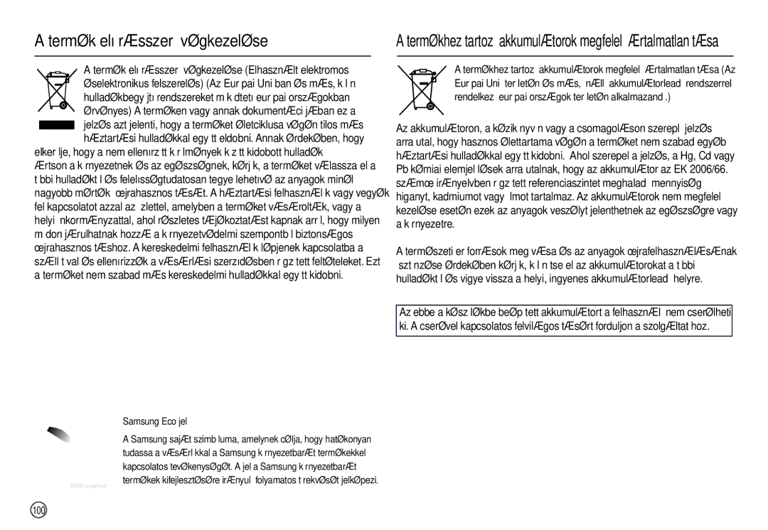 Samsung EC-L110ZSBA/E1, EC-L110ZPDA/E3, EC-L110ZSBA/FR, EC-L110ZUDA/E3 Termék elõírásszerű végkezelése, Samsung Eco jel, 100 