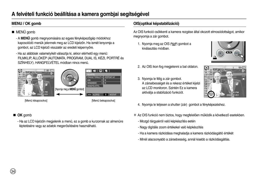 Samsung EC-L110ZRBA/E1, EC-L110ZPDA/E3, EC-L110ZSBA/FR Menu / OK gomb, OISoptikai képstabilizáció, „ Menü gomb, „ OK gomb 