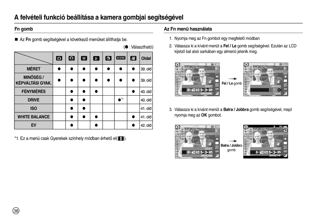 Samsung EC-L110ZBHA/E3 manual Fn gomb, Az Fn menü használata, Ez a menü csak Gyerekek színhely módban érhető el, Oldal 