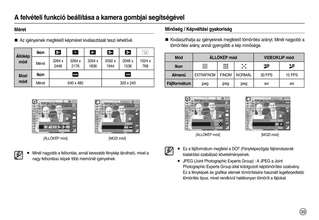 Samsung EC-L110ZSHA/E3, EC-L110ZPDA/E3 Méret, Minőség / Képváltási gyakoriság, Ikon Mód, Mód Állókép mód Videoklip mód 