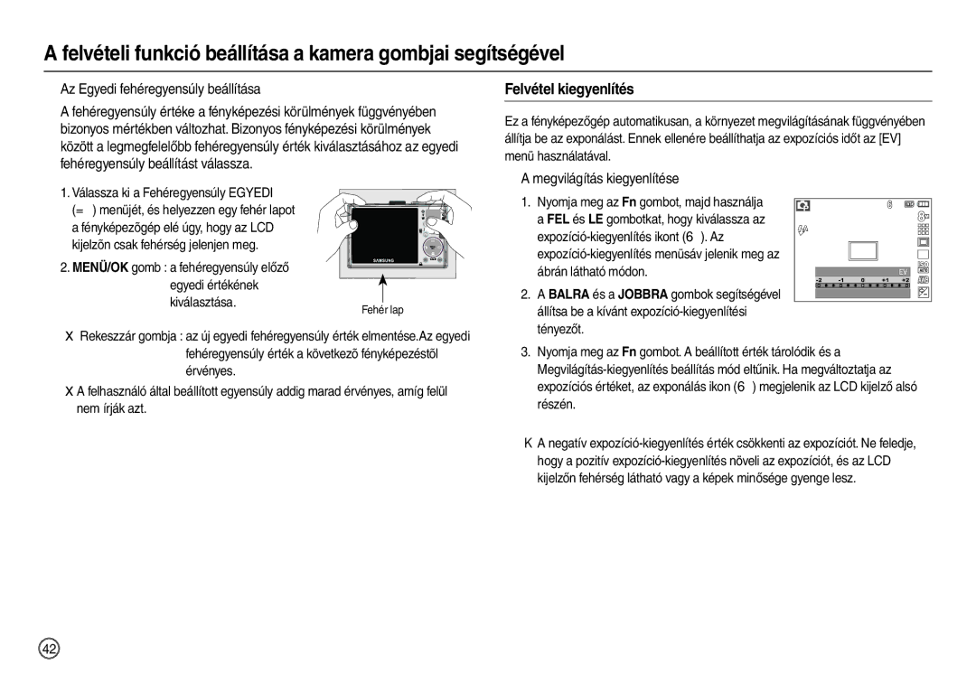 Samsung EC-L110ZSBA/FR manual Felvétel kiegyenlítés, „ Az Egyedi fehéregyensúly beállítása, „ a megvilágítás kiegyenlítése 