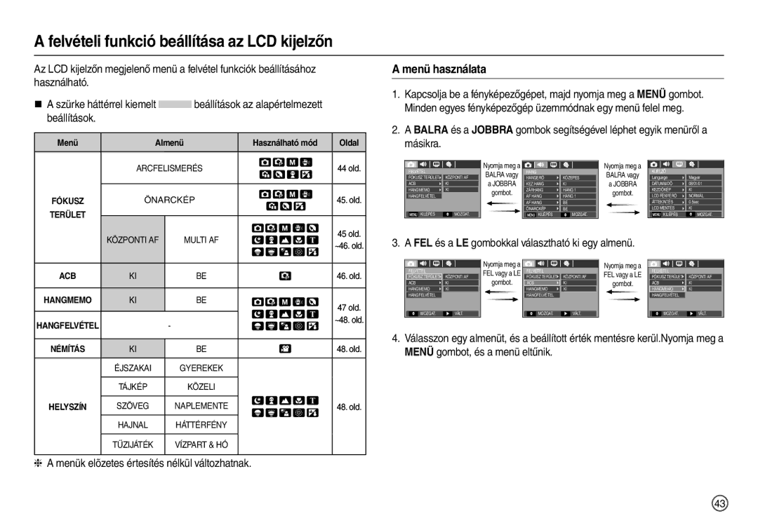 Samsung EC-L110ZUDA/E3, EC-L110ZPDA/E3, EC-L110ZSBA/FR manual Felvételi funkció beállítása az LCD kijelzőn, Menü használata 