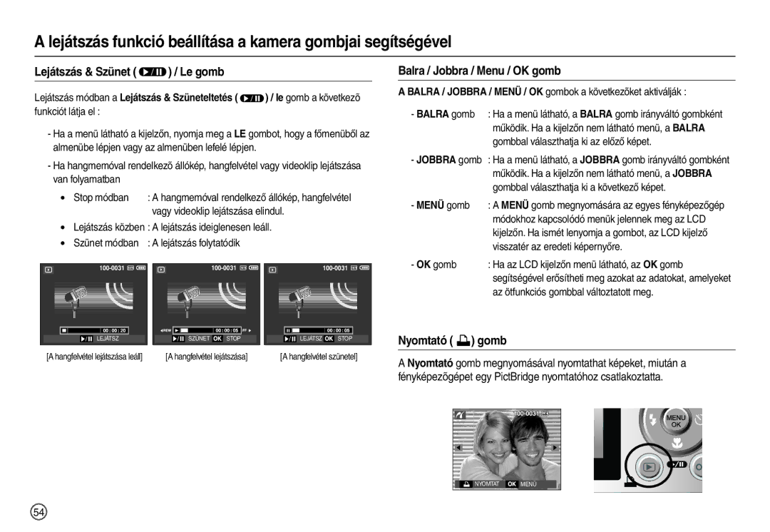 Samsung EC-L110ZBBA/E1, EC-L110ZPDA/E3 Lejátszás & Szünet  / Le gomb, Balra / Jobbra / Menu / OK gomb, Nyomtató  gomb 