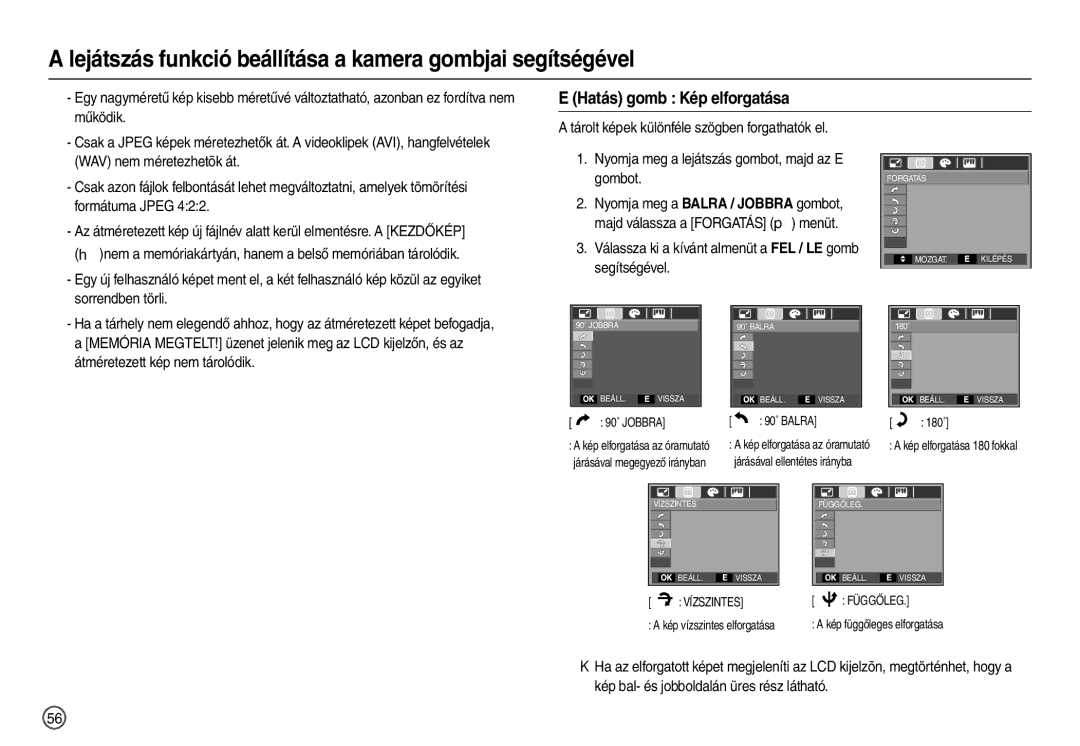 Samsung EC-L110ZUBB/E1, EC-L110ZPDA/E3, EC-L110ZSBA/FR, EC-L110ZUDA/E3, EC-L110ZBDA/E3 manual Hatás gomb Kép elforgatása 