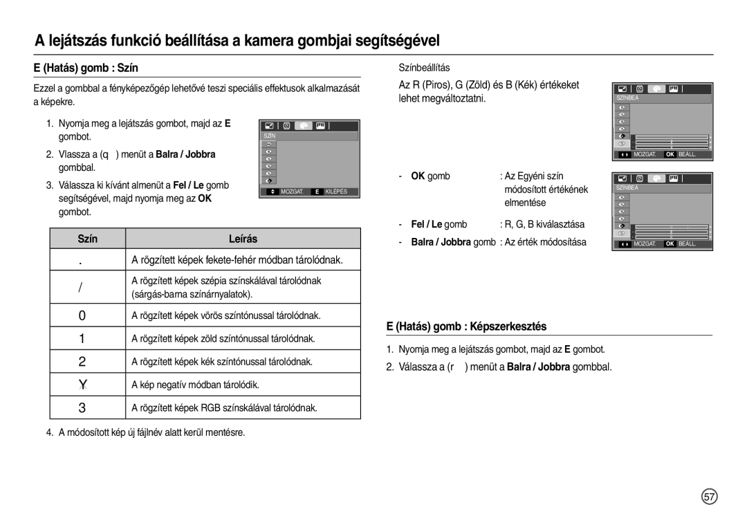 Samsung EC-L110ZBBB/E1 manual Hatás gomb Képszerkesztés, Az R Piros, G Zöld és B Kék értékeket lehet megváltoztatni 