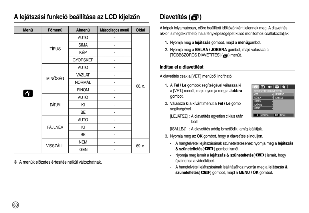 Samsung EC-L110ZSHA/E3 manual Diavetítés , Indítsa el a diavetítést, Menük elõzetes értesítés nélkül változhatnak 