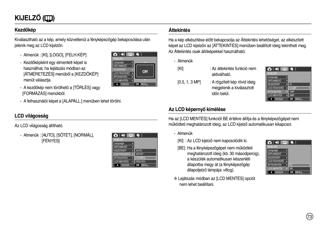 Samsung EC-L110ZSBB/IT, EC-L110ZPDA/E3, EC-L110ZSBA/FR manual Kezdőkép, Áttekintés, Az LCD képernyő kímélése, LCD világosság 