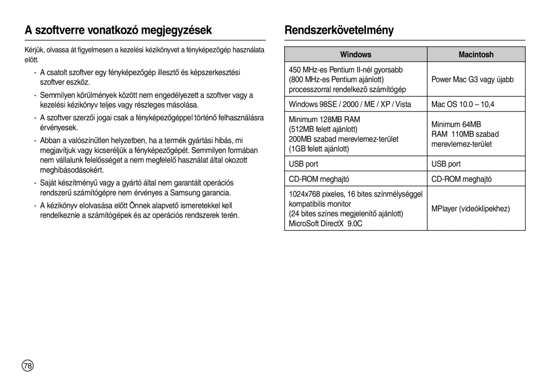 Samsung EC-L110ZBBB/E1, EC-L110ZPDA/E3, EC-L110ZSBA/FR manual Szoftverre vonatkozó megjegyzések, Rendszerkövetelmény 