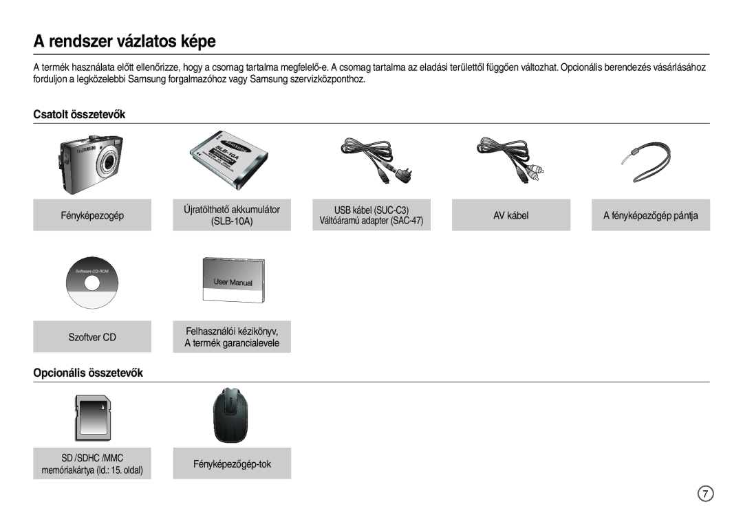 Samsung EC-L110ZSDA/E3, EC-L110ZPDA/E3, EC-L110ZSBA/FR, EC-L110ZUDA/E3 manual Csatolt összetevők, Opcionális összetevők 