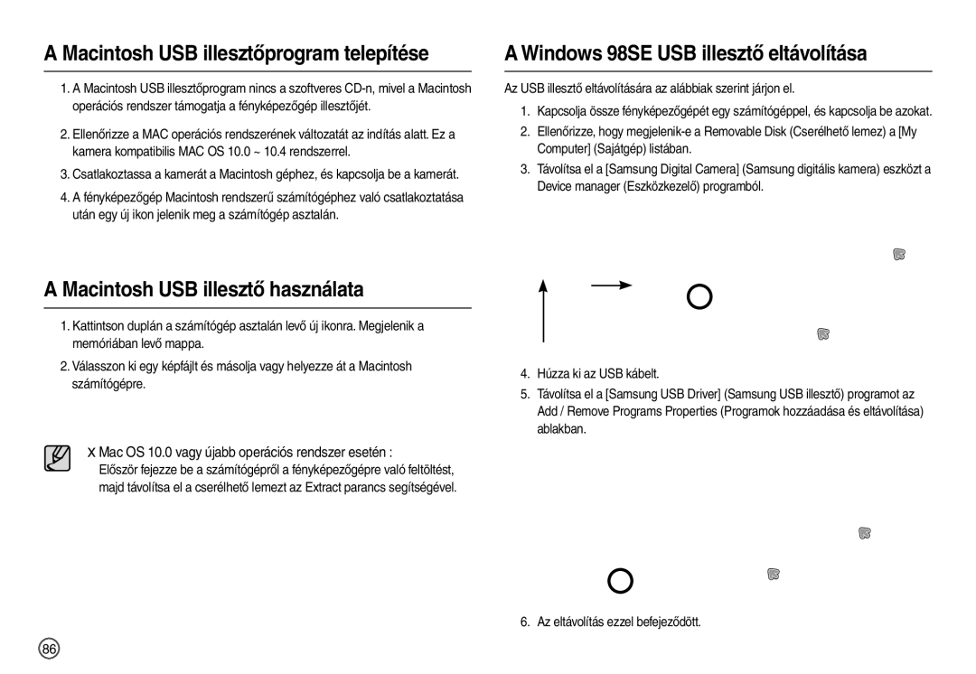 Samsung EC-L110ZBDA/E3, EC-L110ZPDA/E3 manual Macintosh USB illesztőprogram telepítése, Macintosh USB illesztő használata 