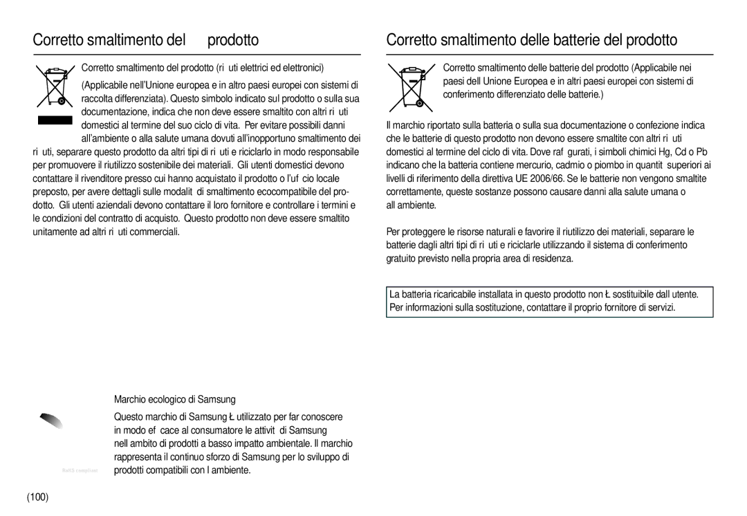 Samsung EC-L110ZSBA/IT, EC-L110ZPDA/E3, EC-L110ZUDA/E3 Corretto smaltimento del prodotto, Marchio ecologico di Samsung, 100 