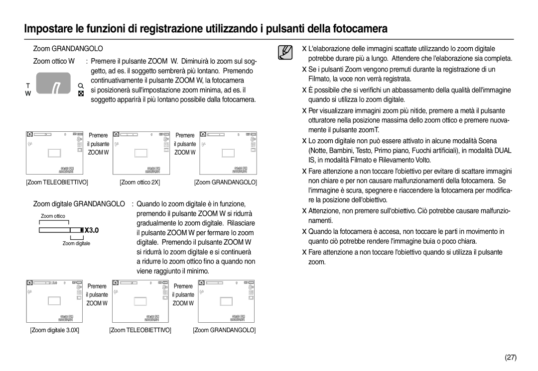 Samsung EC-L110ZBBB/E1 Filmato, la voce non verrà registrata, Quando si utilizza lo zoom digitale, Mente il pulsante zoomT 