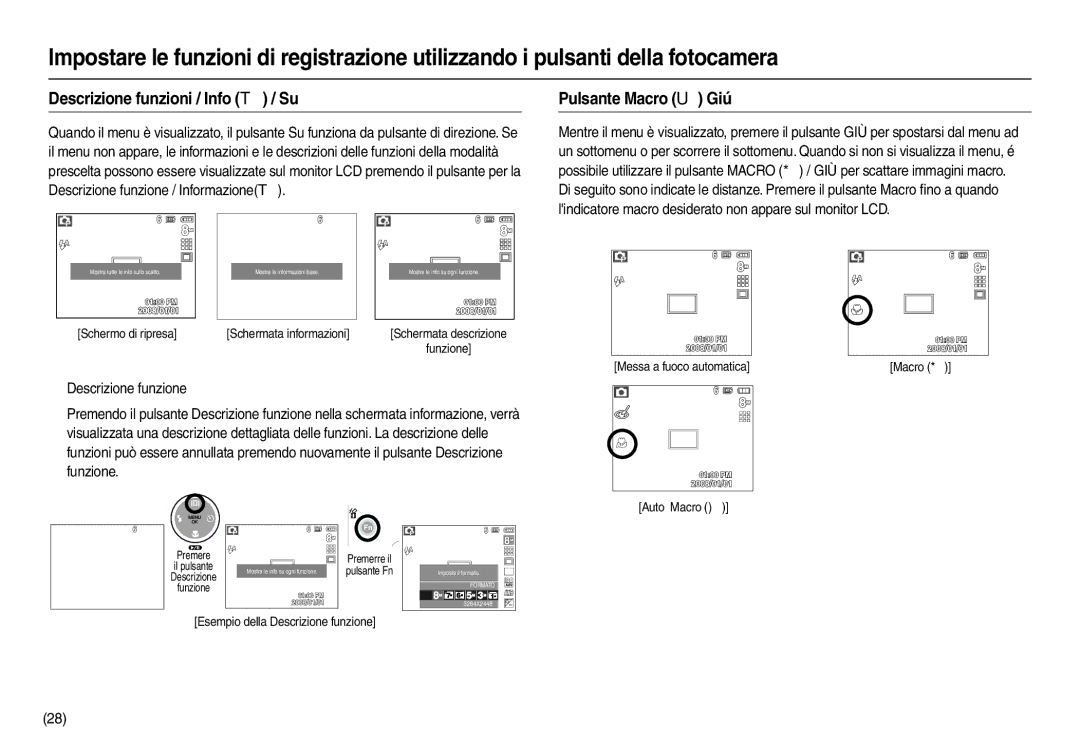 Samsung EC-L110ZSBA/E1 Descrizione funzioni / Info  / Su, Pulsante Macro  Giú, Schermo di ripresa Schermata informazioni 