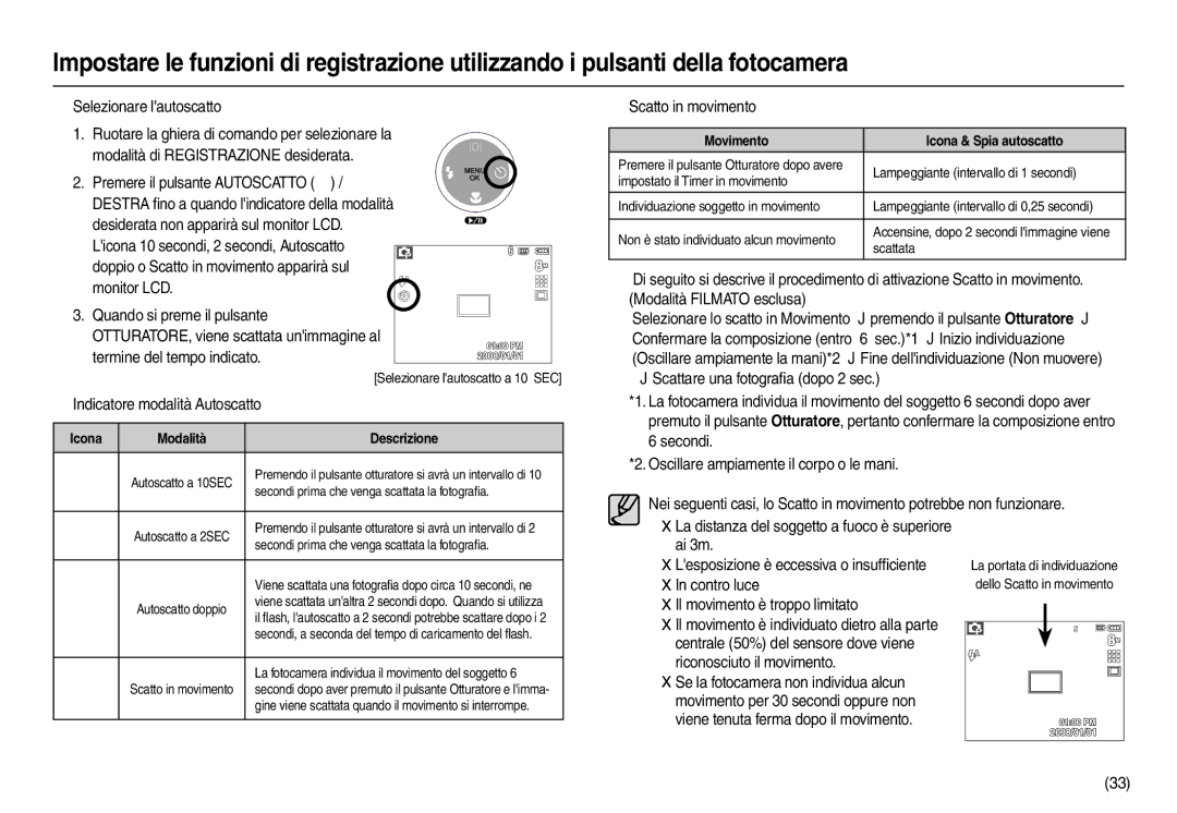 Samsung EC-L110ZSDA/E3, EC-L110ZPDA/E3 „ Selezionare lautoscatto, „ Indicatore modalità Autoscatto, „ Scatto in movimento 