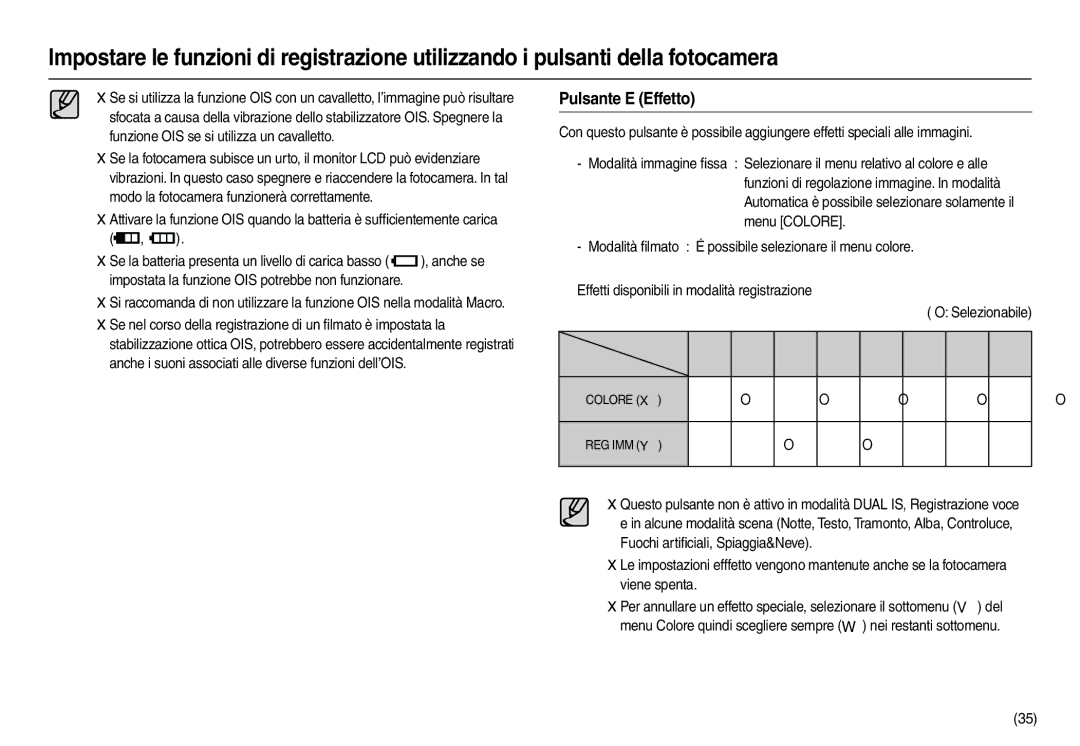 Samsung EC-L110ZUBA/IT, EC-L110ZPDA/E3, EC-L110ZUDA/E3 manual Pulsante E Effetto,  Selezionabile, Colore  REG IMM  