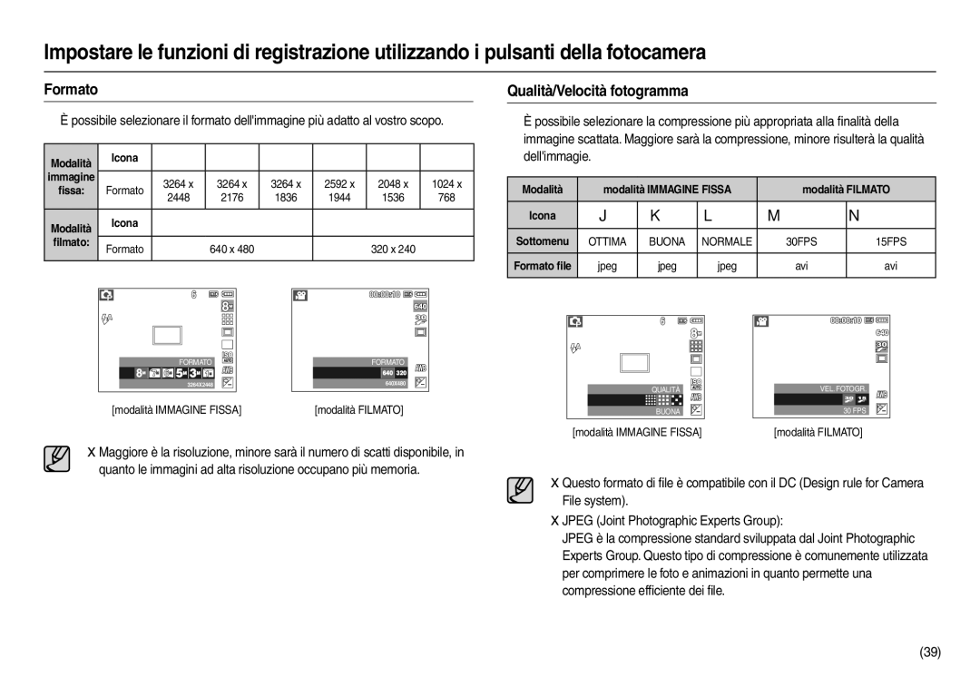 Samsung EC-L110ZSBB/E1 Formato, Qualità/Velocità fotogramma, ﬁlmato, Modalità Modalità Immagine Fissa Modalità Filmato 