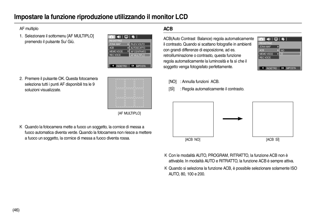 Samsung EC-L110ZSBB/IT manual „ AF multiplo, Selezionare il sottomenu AF Multiplo, Premendo il pulsante Su/ Giù, ACB no 