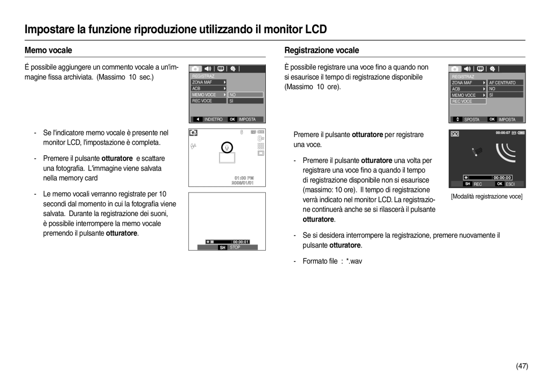 Samsung EC-L110ZRBB/E1 manual Memo vocale Registrazione vocale, Massimo 10 ore. Il tempo di registrazione, Otturatore 