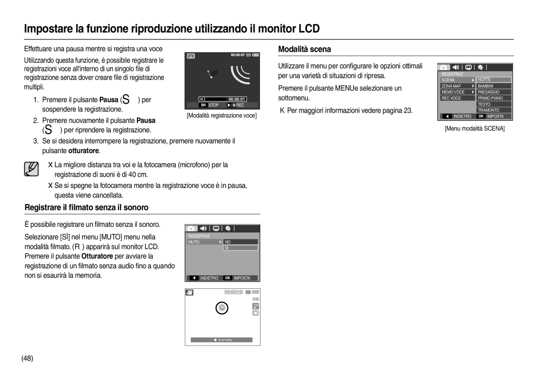 Samsung EC-L110ZPBC/E1 manual Modalità scena, Effettuare una pausa mentre si registra una voce, Sospendere la registrazione 