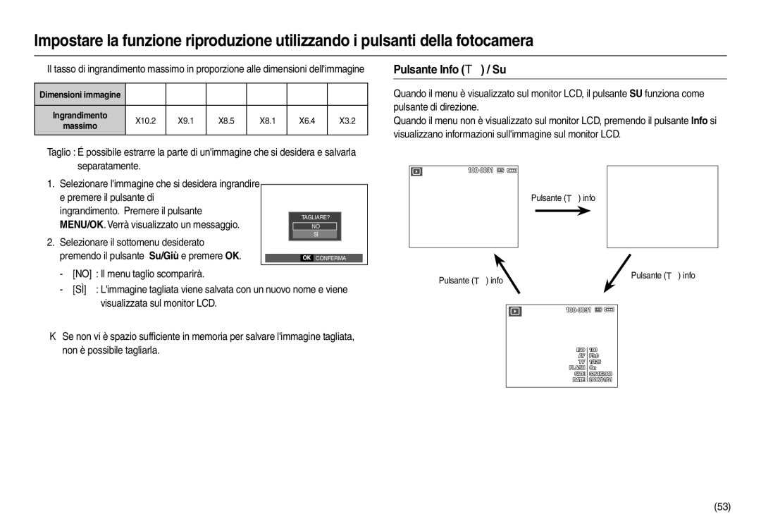 Samsung EC-L110ZRBA/E1 manual Pulsante Info  / Su, No Il menu taglio scomparirà, X9.1, X8.1 X6.4, Pulsante  info 