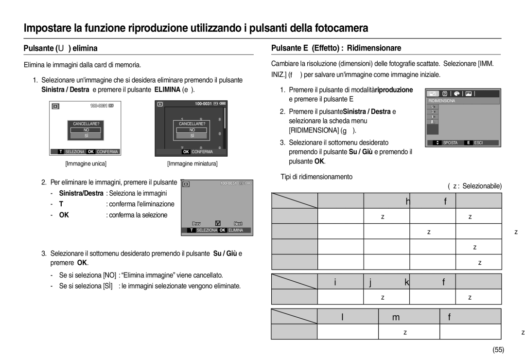 Samsung EC-L110ZBBA/IT, EC-L110ZPDA/E3 manual Pulsante  elimina, Pulsante E Effetto Ridimensionare, Ridimensiona  