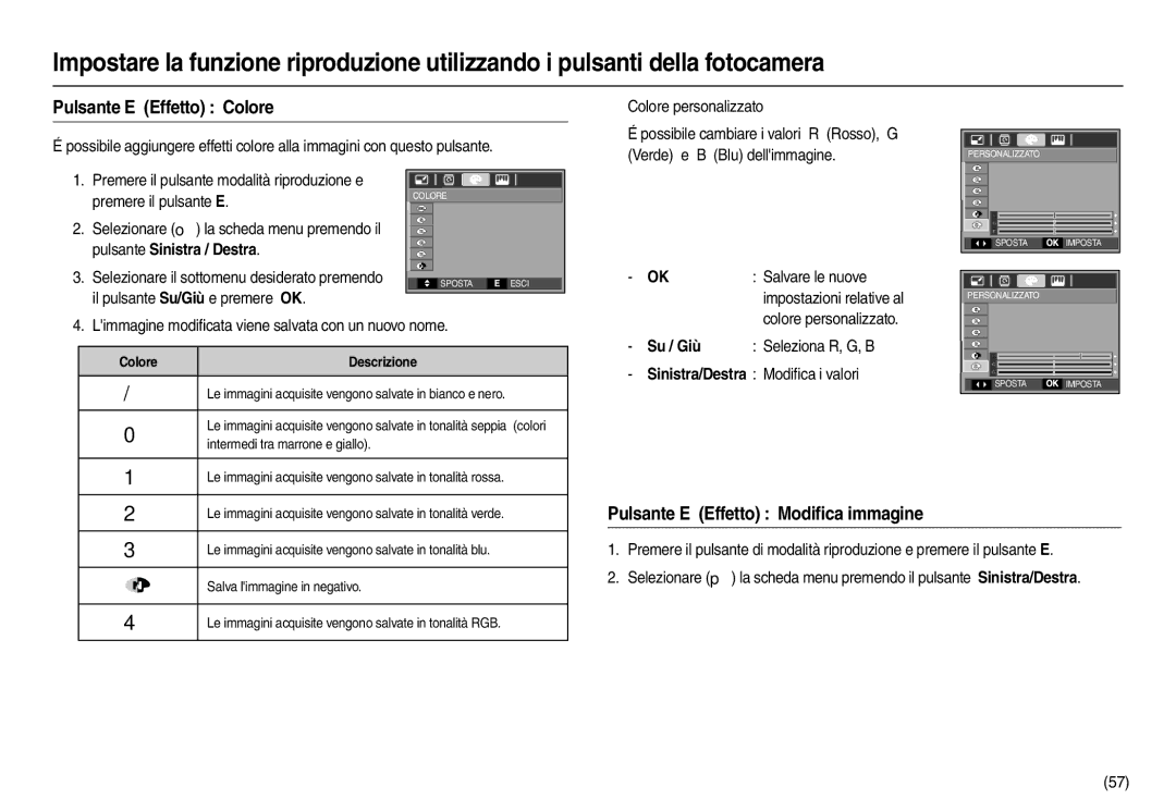 Samsung EC-L110ZBBB/E1, EC-L110ZPDA/E3, EC-L110ZUDA/E3 manual Pulsante E Effetto Modiﬁca immagine, Salvare le nuove, Su / Giù 