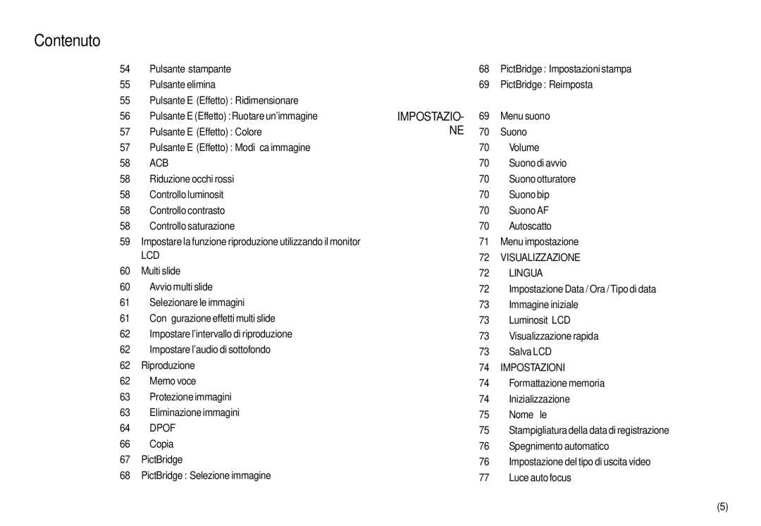 Samsung EC-L110ZUBA/IT manual Dpof, Copia PictBridge PictBridge Selezione immagine, Impostazio- Ne, Visualizzazione Lingua 