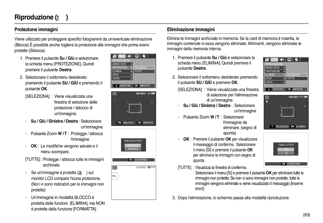 Samsung EC-L110ZSDA/E3 manual Protezione immagini, Eliminazione immagini, Su / Giù / Sinistra / Destra Selezionare 