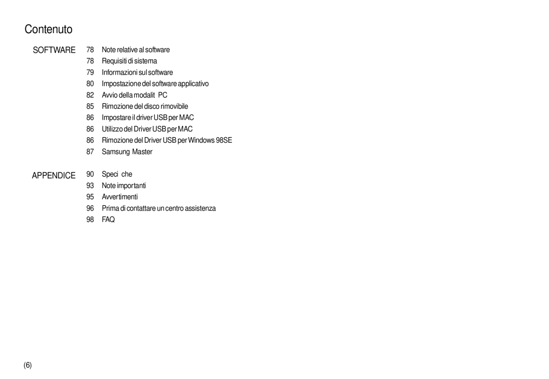 Samsung EC-L110ZSFB/IT, EC-L110ZPDA/E3, EC-L110ZUDA/E3, EC-L110ZBDA/E3, EC-L110ZRDA/E3, EC-L110ZSDA/E3 manual Contenuto 